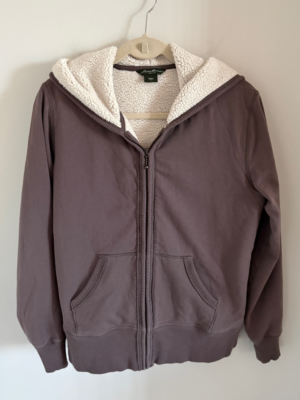 Eddie Bauer Brown Cotton with Cream Sherpa Lined Jacket with Zipper and Hood